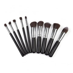 10-Piece Professional Makeup Brush Set with Wooden Handles &amp; Pouch