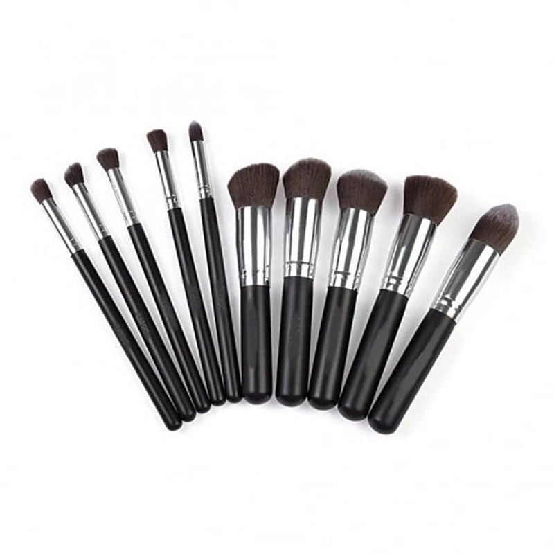 10-Piece Professional Makeup Brush Set with Wooden Handles & Pouch