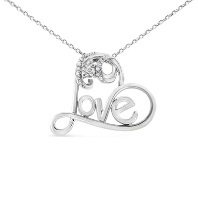 Diamond Open Heart “Love Script” Pendant Necklace – Sterling Silver Rhodium Plated